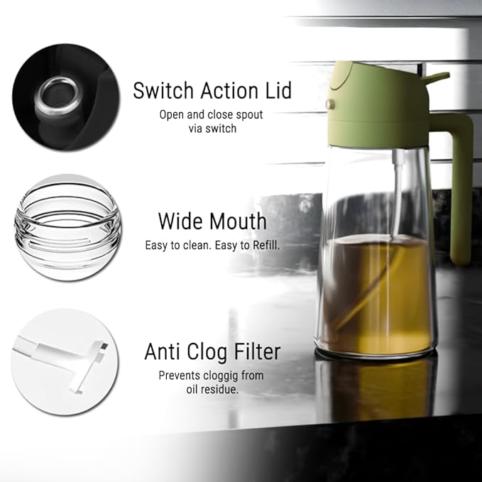 2-in-1 Oil Dispenser and Sprayer, 16oz/470ml Glass Olive Oil Spray Bottle for Cooking, Leakproof and Refillable Oil Mister for BBQ, Salad, and Baking (Green)