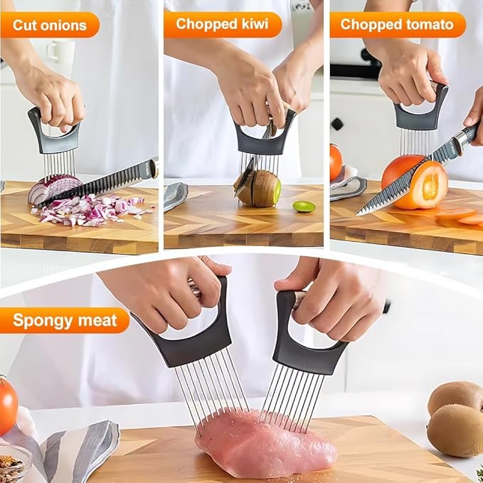Onion Holder for Slicing, 2026 New Stainless Steel Onion Slicer Vegetable Chopper,Cutter for Meat, Onion, Potato, Tomato,Fruit,Food Slicer Assistant Tool,kitchen gadgets (Black 2PC)