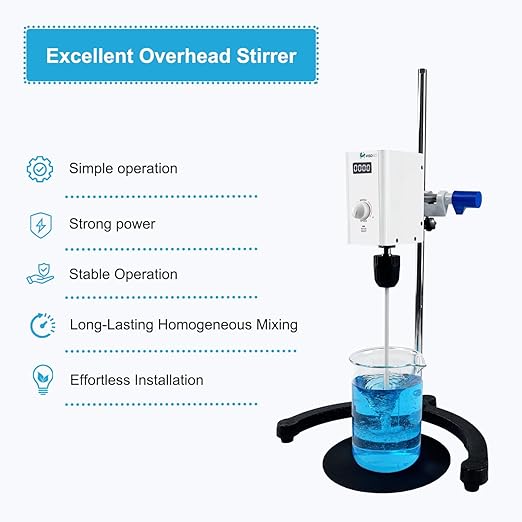 Digital Lab Overhead Stirrer,Speed 100-2000rpm,Max.Torque 20N·cm,Max.Viscosity 10000mpas,10L(H₂O), Lab Mixer with Overload Protection, Overhead Mixer with Support Stand&PTFE Stirring Rod,110-220V
