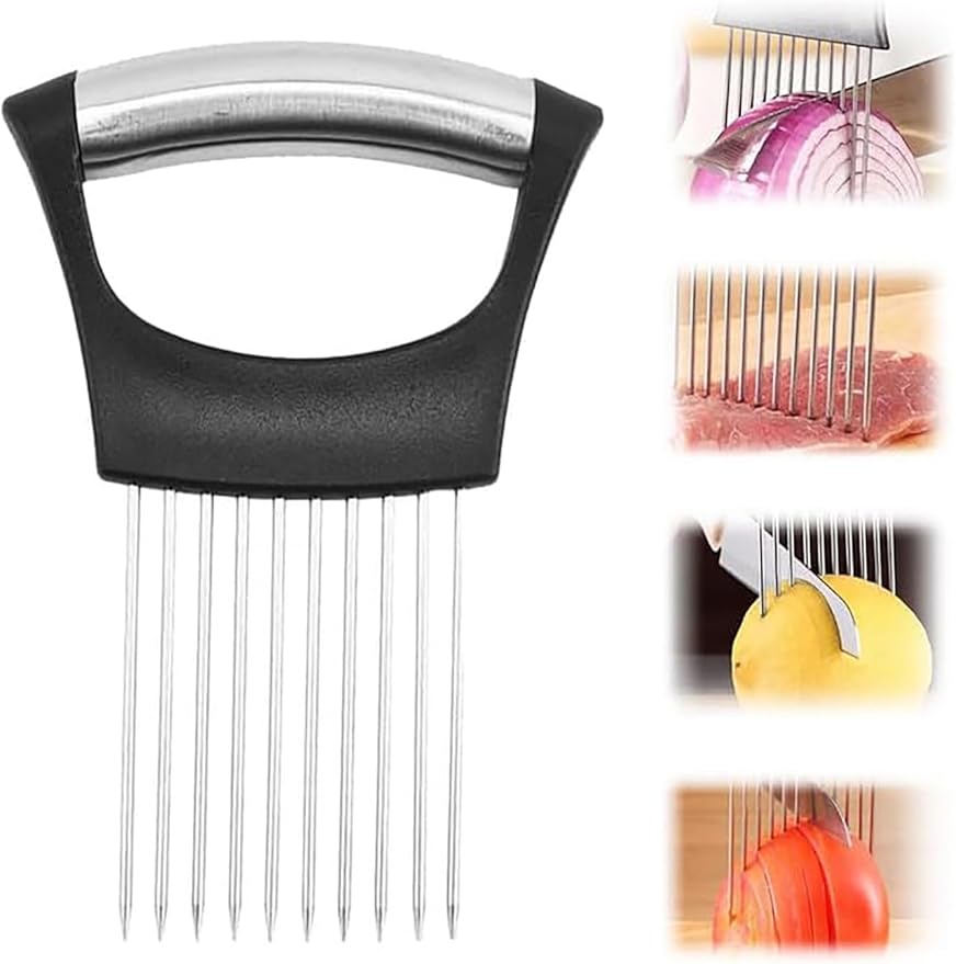 Onion Holder for Slicing, New Stainless Steel Onion Slice Holder Lemon Slicer Vegetable Cutter, Kitchen Chopper Slicing Assistant Tool for Meat, Onion, Potato, Tomato (Black, 1 Pack)