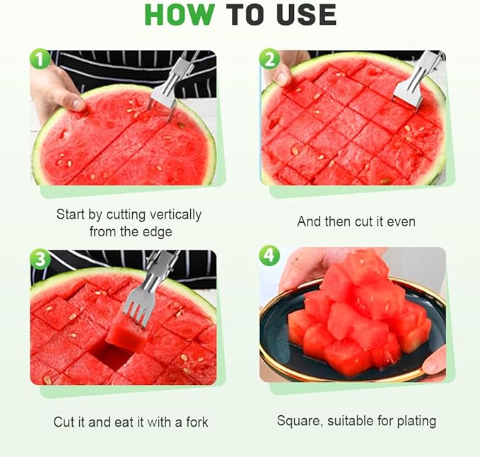 2-in-1 Stainless Steel Fruit Cutter, Watermelon Fork Slicer Cutter, Portable Watermelon Cutter Tool with Dual Head Design for Home Party Camping Kitchen (3)