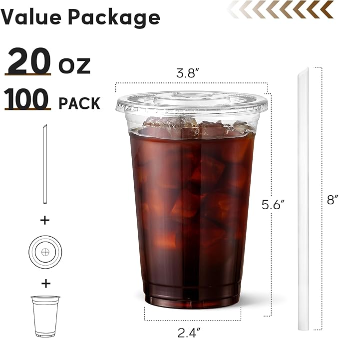 AOZITA 100 Pack - 20 oz Clear Plastic Cups with Lids and Straws, Food Safe Disposable Iced Coffee Cups for Cold Beverages, Smoothies, Iced Coffee, Leak-Proof, BPA-Free