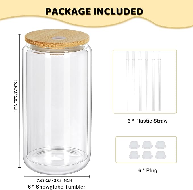 16 Oz Snow Globe Tumbler, 6 Pack Pre-Drilled Sublimation Glass Cup For Glitter Snow Globe Diy, Double Wall Sublimation Glass Tumbler