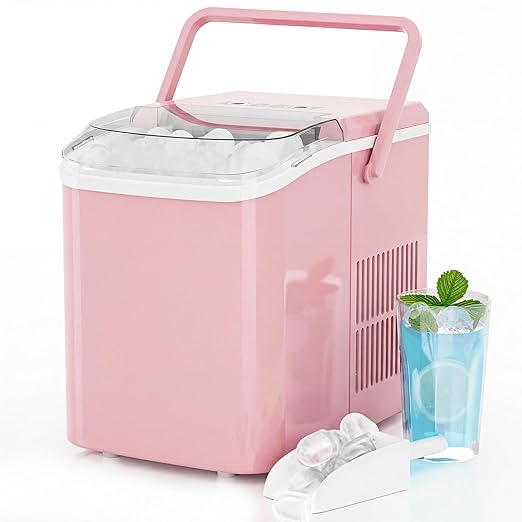 Ice Makers Countertop, Portable Ice Machine with Handle, 6 Mins 9 Bullet Ice Cubes with Basket and Scoop, 26lbs in 24Hrs, Auto-Cleaning, for Home, Kitchen, RV, Camping, Pink