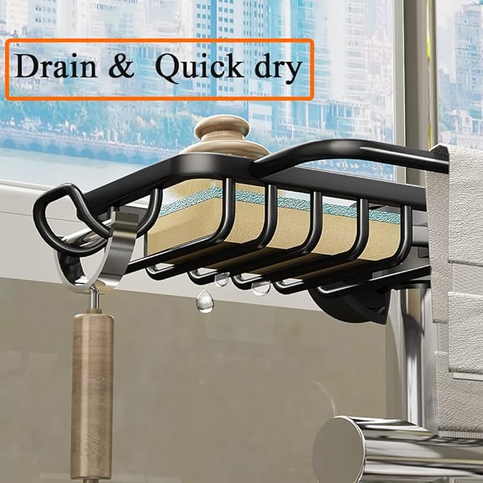 Faucet Sponge Holder Kitchen Sink Caddy Organizer Fit 0.71-1.1 inch diameter Faucet Hanging Drain Rack for Sink Organizer (Double with Dishcloth Rack, Black)