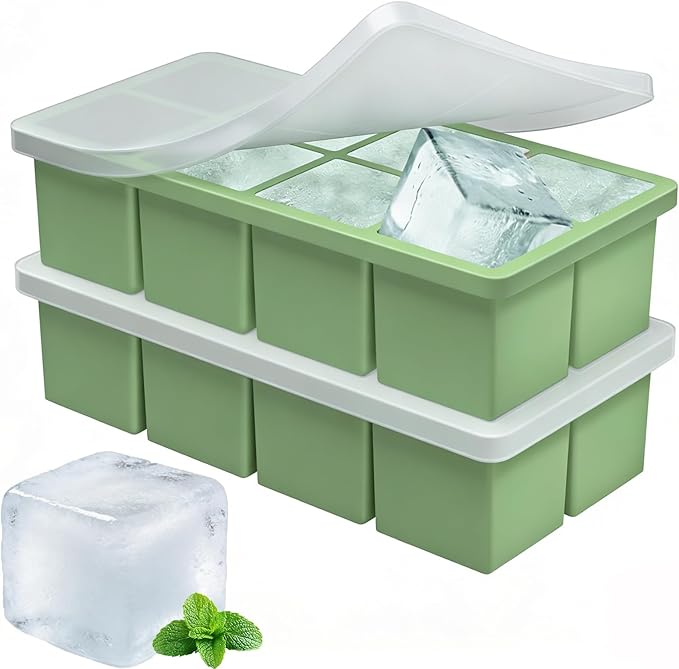 Large Ice Cube Molds, 2 Pack Easy Release Ice Trays for Freezer with Lid, Stackable Square Big Silicone Ice Cube Tray BPA Free Slow Melting for Bourbon Whiskey, Cocktails, Iced Coffee (Green)