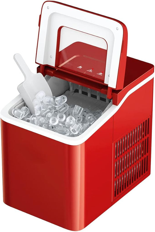 MAT Expert Countertop Nugget Ice Maker, 26LBS/24H, 9 Cubes in 8 Min, Bullet-Shaped Ice Makers, 1.6L Water Tank & 1.6L Bucket, Scoop, Self-Clean Compact Tabletop Ice Maker for Home/Bar/Office (Red)