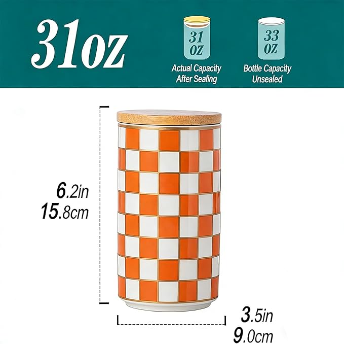 Kitchen Countertop Ceramic Checkered Canisters,Black And White Food Storage Containers With Lid,Airtight Kitchen Canisters for Flour, Sugar, Coffee, Tea, and Dry Goods (Orange, Large)