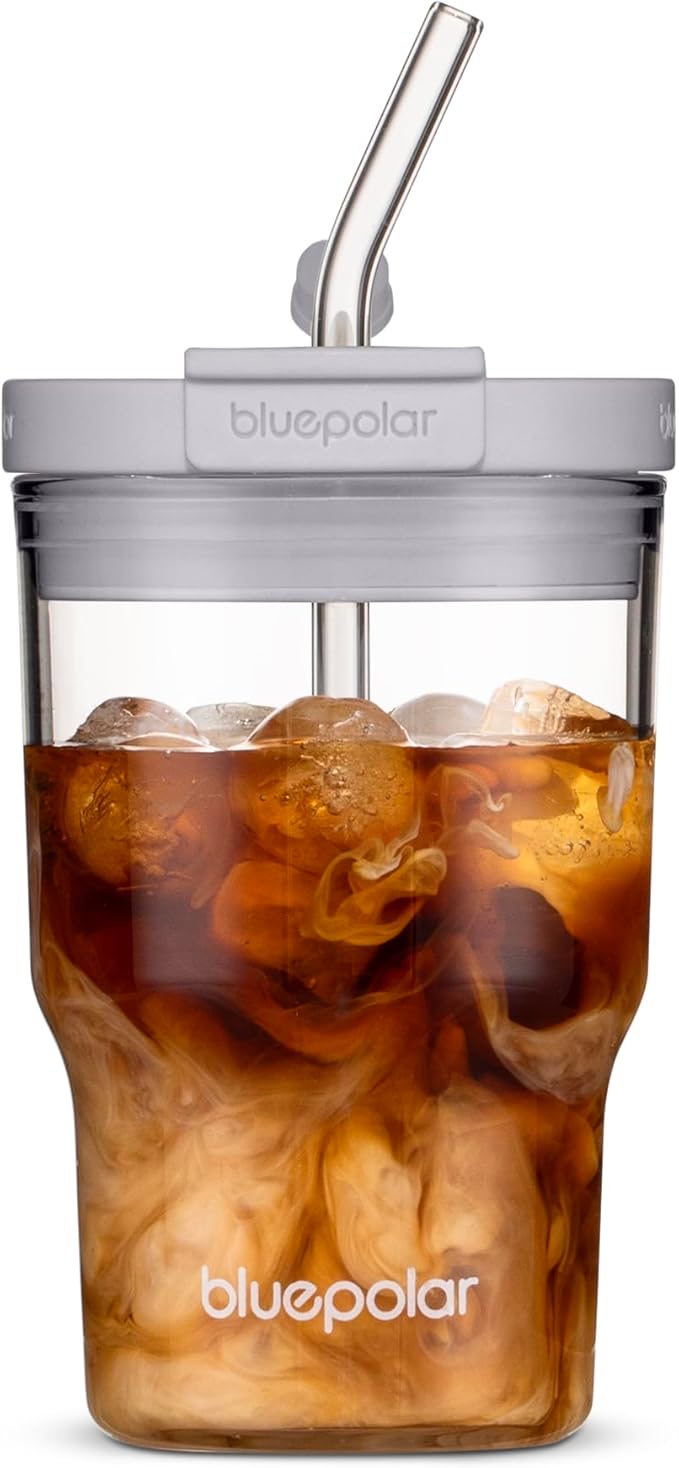 BLUEPOLAR Glass Cups with Lids and Straws,16oz/480ml Reusable Iced Coffee Glasses & Juice Bottles,Cold Brew Tumblers with Leakproof Lids,BPA-Free Glass Jars for Juicing,Matcha,Tea,Smoothie (Grey)