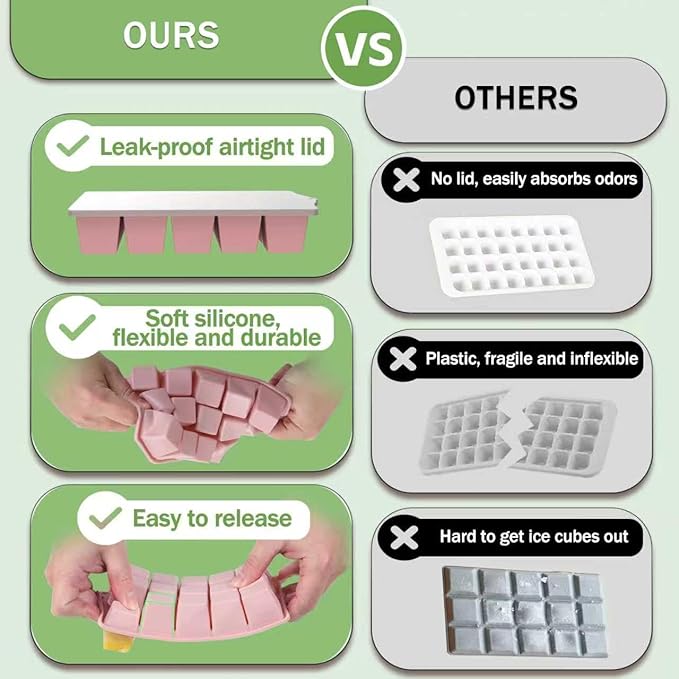 Ice Cube Trays for Freezer, 2 Pack Easy Release Slicone Ice Cube Tray with Lid, BPA Free Stackable Flexible Ice Molds 15 Square Reusable Ice Cubes for Whiskey, Baby Food, Iced Coffee (Pink)