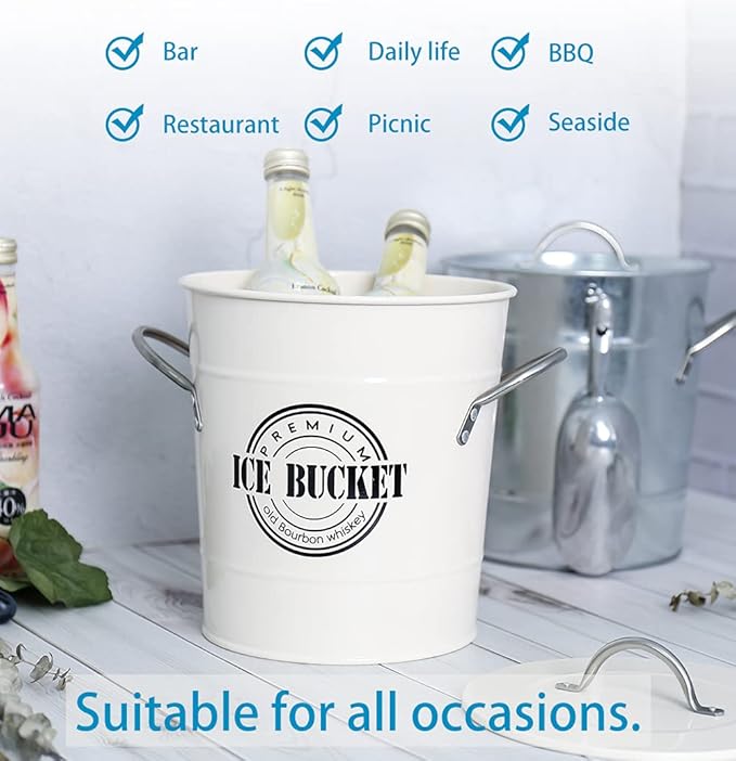 T586A 4L Cream White Metal Galvanized Double Walled Ice Bucket Set with Lid and Scoop