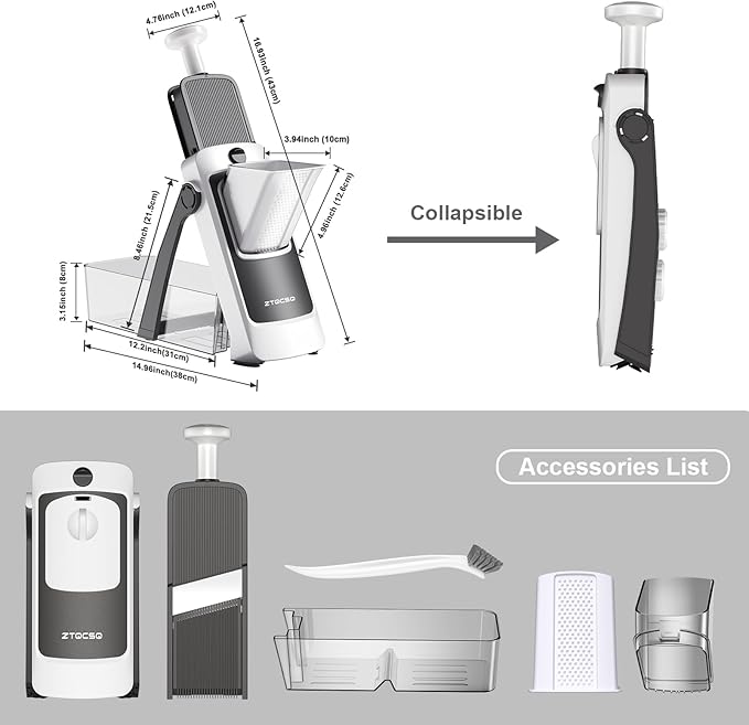 [All in 1] Vegetable Slicer with Adjustable Thickness, Easy to Clean Potato Mandoline Slicer with Container, Rapid Prep French Fry Veggie Cutter/Onion Slicer, Free Grater/Cleaning Brush (Gray)