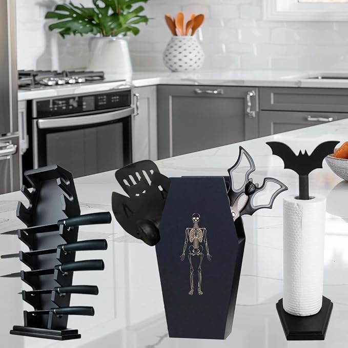 Halloween Gothic Kitchen Decor - Goth Coffin Utensil Holder (Utensils Not Included), Dual-Sided Laser-Etched Skeleton, Solid Wood Large Capacity for Spooky Bats Spoons Skull Spatulas