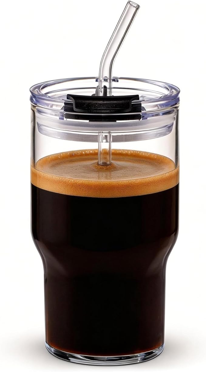 BLUEPOLAR 470ml/16oz Ribbed Glass Tumbler with Straw and Lid, BPA-Free Reusable Iced Coffee Cups with Lids, Thickened Coffee Tumbler for Office/Travel/Car (18oz)