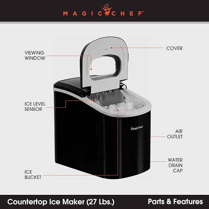 Magic Chef Portable Countertop Small Ice Maker for Kitchen or Home Bar, Tabletop, Parties, 27-Pound Capacity, Black