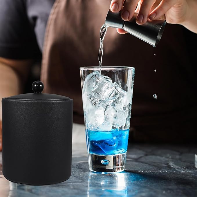 Ice Bucket with Lid, Tongs and Strainer, Stainless Steel Insulated Ice Bucket for Cocktail Bar, Ideal for Cocktail Bar, Parties, Chilling Wine, 5.5 x 5.5 x 7.3 inches (Black)