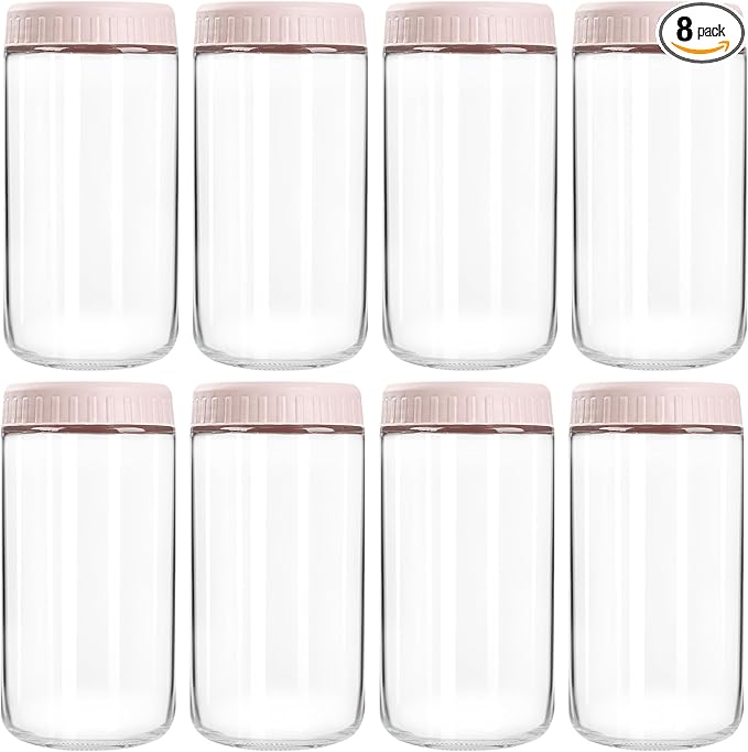 SHOWIN Overnight Oats Containers with Lids, 24oz Glass Jars with Lids 8 pcs, Pink, Wide Mouth Mason jars for Salad, Yogurt, Snacks, Meal Prep