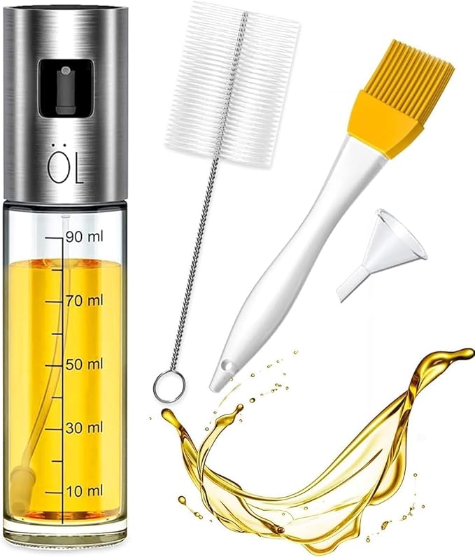 Oil Sprayer for Cooking, 100ml Food-Grade 304 Stainless Steel & BPA-Free Glass, Leakproof Oil Mister with Silicone Basting Brush, Funnel & Cleaning Brush, Suitable for Air Fryer, BBQ, Baking, Salad