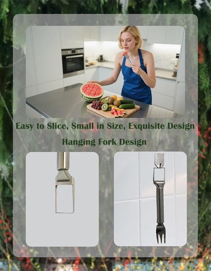 2 Pack 2-in-1 Stainless Steel Watermelon Fork Slicer, Handy Fruit Cutter Set for Family, Compact Kitchen Tool for Melon Cubes, Summer Party & Camping, Silver