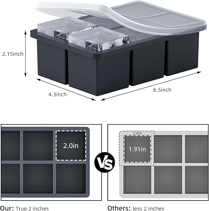 Large Ice Cube Tray for Whiskey, HANCELANT Big Silicone Square Ice Cube Mold with Removable Lid, 2'' Huge Square Ice Cubed Tray for Whisky and Cocktail, Black