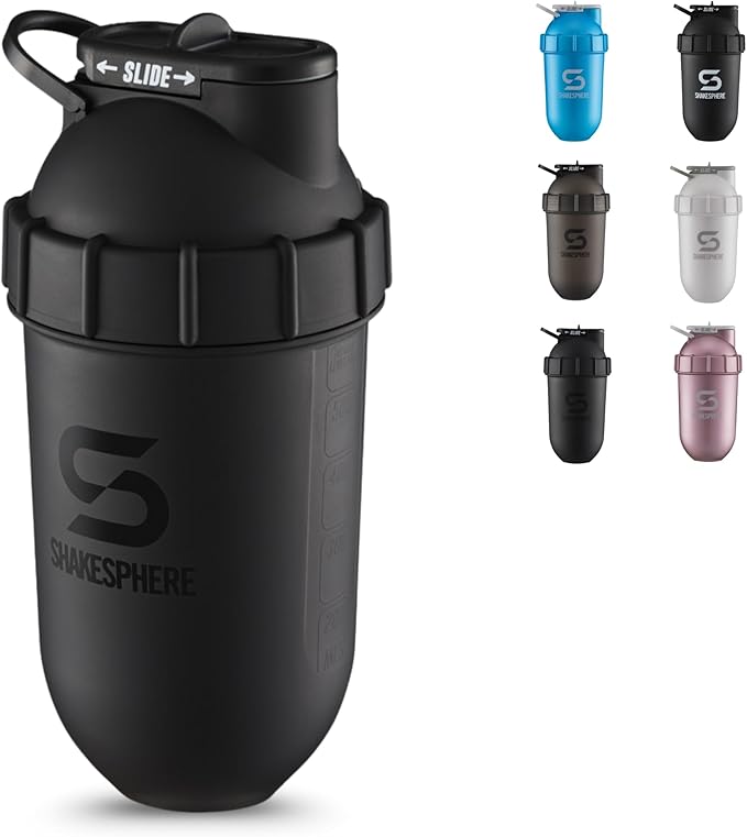 SHAKESPHERE Shaker Bottle - 24oz Leak Proof Protein Shaker Bottle for Pre Workout, Smoothie, and Powder Drink Mixes, No-Blade Mixer for Gym, BPA-Free, Easy Clean & Easy to Carry (Matte Black)