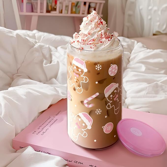 SANDJEST Christmas Gingerbread 16oz Can Glass Tumbler with Acrylic Lid & Straw, Iced Coffee Cup for Women Girls, Aesthetic Cups Gifts for Xmas