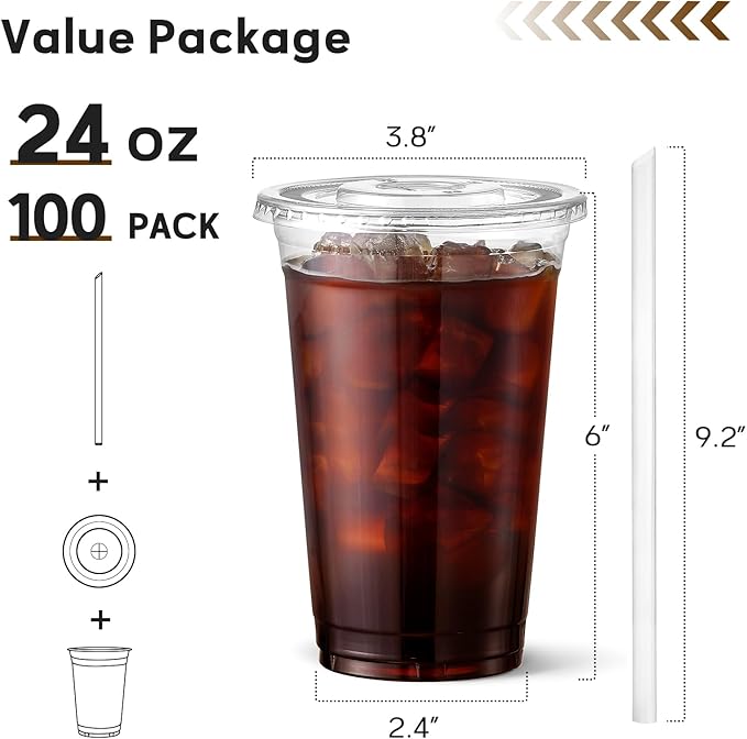 AOZITA 100 Pack - 24 oz Clear Plastic Cups with Lids and Straws, Food Safe Disposable Iced Coffee Cups for Cold Beverages, Smoothies, Iced Coffee, Leak-Proof, BPA-Free