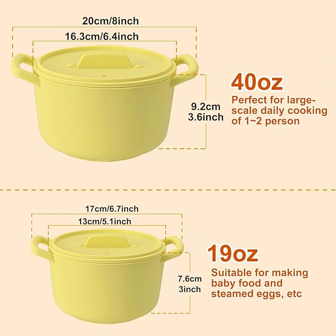 Silicone Microwave Steamer for Cooking, Yellow Vegetable Steamer, 40oz Microwave Bowls with Lids & Handles for Egg Dumpling Heating Food for 1 to 2 people, Easy Clean, Dishwasher Safe
