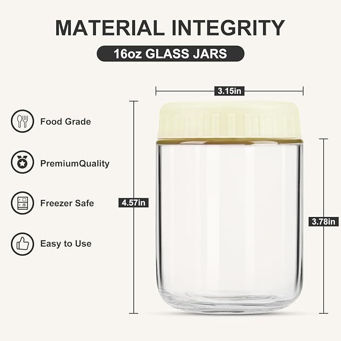 SHOWIN Overnight Oats Containers with Lids, 16oz Glass Jars with Lids 4 pcs, Milk White, Wide Mouth Mason jars for Salad, Yogurt, Snacks, Meal Prep
