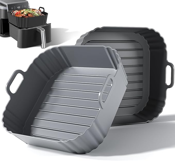 Square Silicone Air Fryer Liners 2 Pack, 8.5 Inch Reusable Air Fryer Liners for 5–6.5QT, Compatible with Ninja AF141/AF181, COSORI, Non-Stick Silicone Basket Accessories