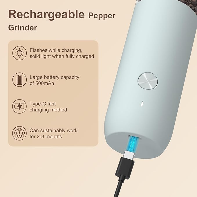 Ultrean Pepper Grinder, Rechargeable Salt and Pepper Grinder with 6 Adjustable Coarseness, LED Light, One-Hand Automatic Operation, Gifts for Women, Blue