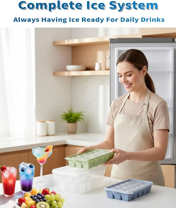 Silicone Ice Cube Tray with No-Spill Lid for Freezer with Bin, Easy Release Silicone Ice Trays with Ice Storage Container Compact for Kitchen, RV Freezer, Nice Ice for Coffee,Cocktail, Whiskey.