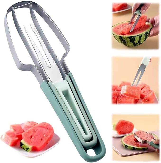 Oleex 3 in 1 Watermelon Cutter Slicer Tool, Stainless Steel Watermelon Popsicle, Fork Slicer Cutter multifunctional, Portable Watermelon Knife Fruit Cutter for Camping Kitchen Gadgets