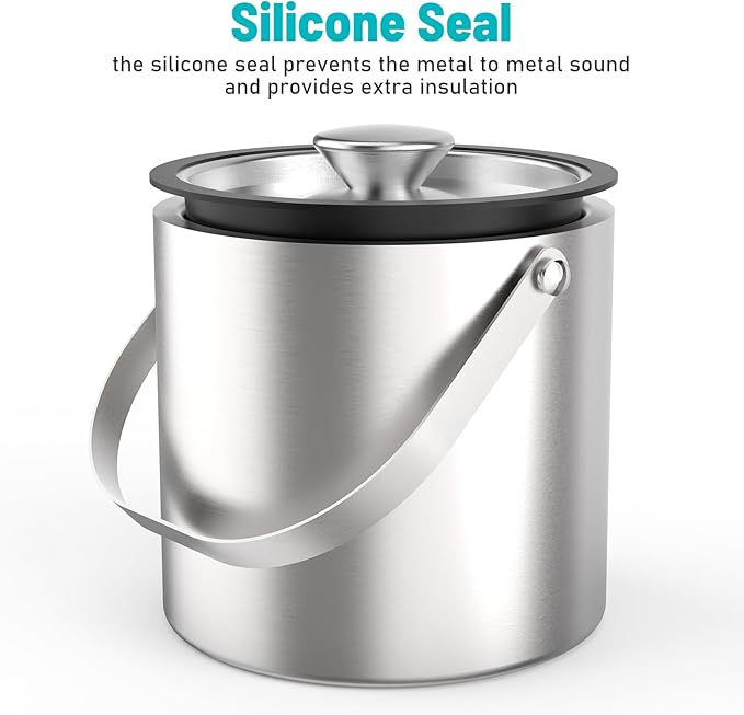 3L Stainless Steel Ice Bucket, Double Wall Insulated Ice Bucket with Lid, Drain Plate, Scoop, Tong for Parties Cocktail Bar