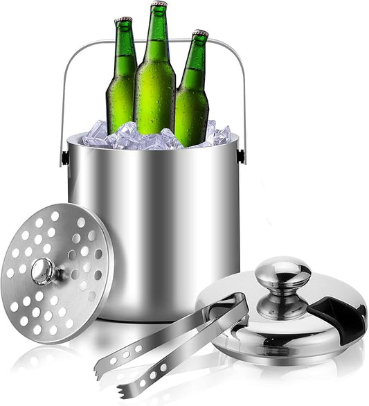 Ice Bucket with Lid for Parties - 3L Ice Bucket Double Wall Ice Bucket for Cocktail Bar Parties KTV,Stianless Steel Ice Bucket with Lid to Keep Ice Frozen Longer to Cool Chilling Wine Champagne