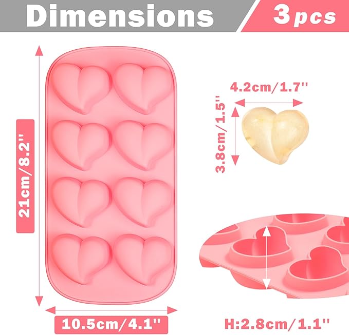 Webake Heart Shpaed Ice Cube Trays, 8-Cavity Heart Silicone Molds for Whiskey, Cocktail, Chocolate, Ice Cubes, Candy with Fun Shapes (Pack of 3)