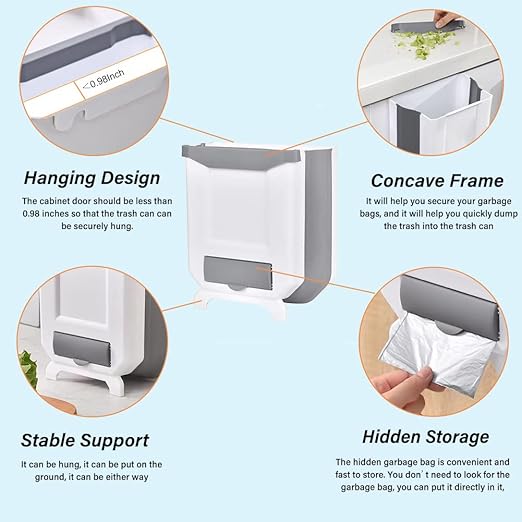 Trash Can, Foldable Waste Bin for Kitchen, Collapsible Hang Small Plastic Garbage Can 2.4 Gallon for Cabinet/Car/Bedroom/Bathroom/Kitchen/Office (White, 1PC)