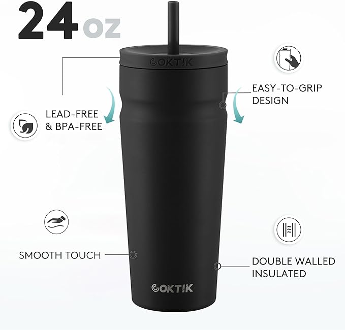 COKTIK 24oz Insulated Tumbler with Lid and Straw Iced Coffee Cup Reusable Stainless Steel Travel Mug Water Bottle Cupholder Friendly for Women Men Her Him (Black)