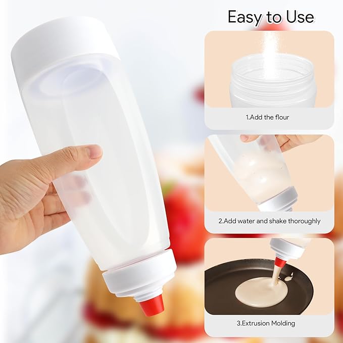 Pancake Batter Dispenser Bottle, Flexible Squeeze Mixer with Precision Tip, Plastic & Silicone Tool for Crepes, Waffles and Cupcakes, Transparent White