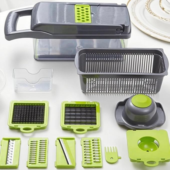 15-in-1 Vegetable Chopper, Multifunctional Mandoline Slicer with 8 Interchangeable Blades, with Container for Fruits, Veggies, Potato, Onion, Tomato – Kitchen Dicer Cheese Grater. By Lonachamari