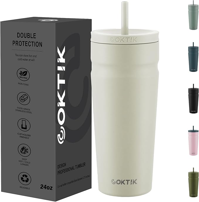 COKTIK 24oz Insulated Tumbler with Lid and Straw Iced Coffee Cup Reusable Stainless Steel Travel Mug Water Bottle Cupholder Friendly for Women Men Her Him (Almond Birch)
