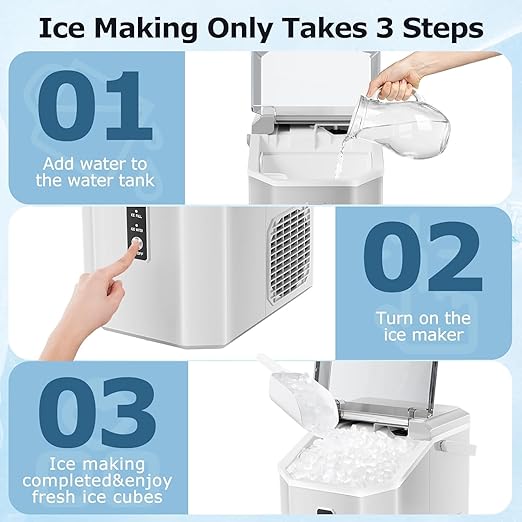 Antarctic Star Countertop Ice Maker with Soft Chewable Pellet Ice, 34lbs/24Hrs, One-Click Operation, Self-Cleaning Portable Peddle Ice Machine with Ice Scoop for Kitchen,Office,Bar,RV (White)