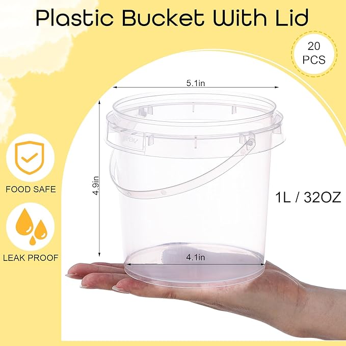PerKoop 20 Pcs 32 oz Ice Cream Buckets with Lids and Handles Clear Cocktail Rum Buckets with Stickers Plastic Transparent Tub Reusable Food Storage Containers for Parties(Sea)