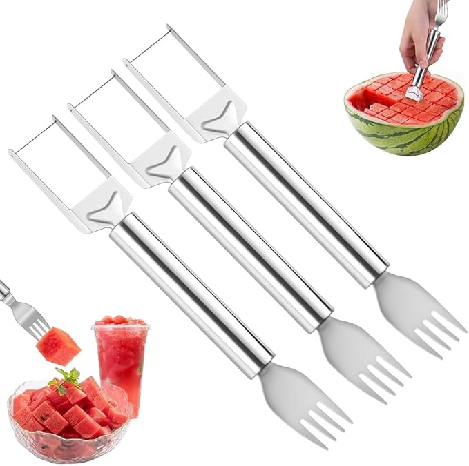 2-in-1 Stainless Steel Fruit Cutter, Watermelon Fork Slicer Tool, Watermelon Slicer and Fork, Dual Head Knife with Round Handle for Kitchen Fruit Cubes (3Pcs)
