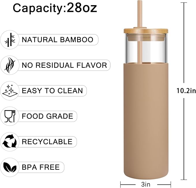 Tronco 28 oz Glass Tumbler with Lids and Straw, Reusable Iced Coffee Cup & Smoothie Cup with Bamboo Lid, Silicone Sleeve, Dishwasher Safe, BPA-Free Borosilicate Glass, 1 Pack