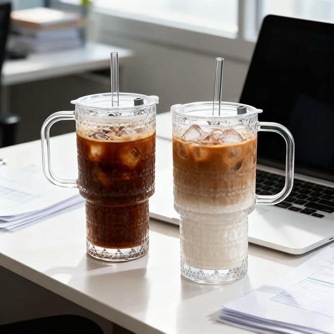 18oz Glass Tumbler with Handle & Lid – 2-Pack Iced Coffee Cups with Straws, Glass Mug for Cold & Hot Beverages Travel Cup for Smoothies, Tea, and Juice (clear-Gemstone pattern-2pack)