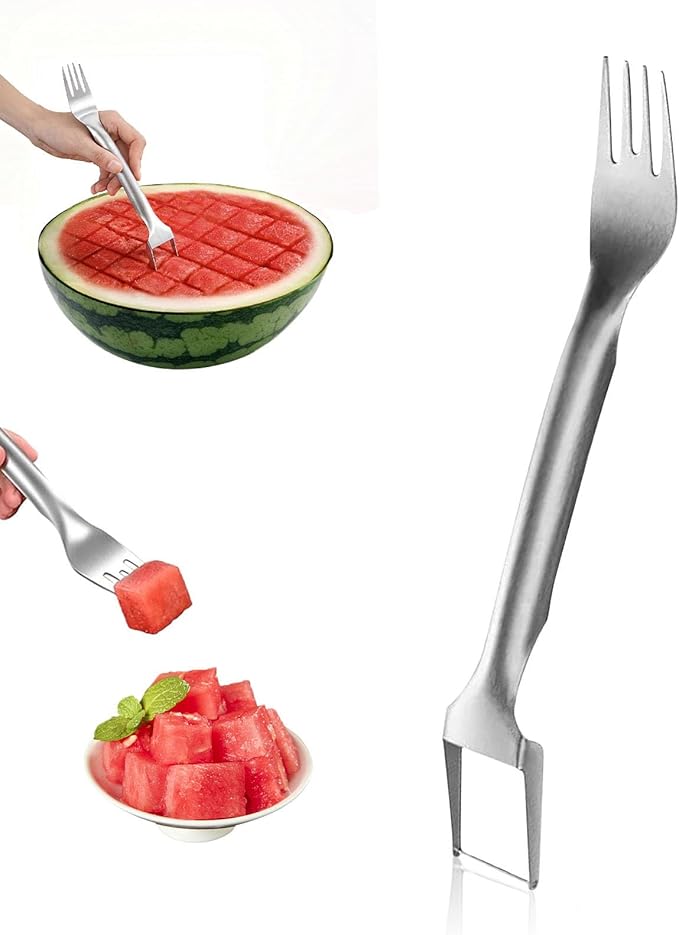 2-in-1 stainless steel fruit slicer,2025 new upgraded portable watermelon fork, fruit fork slicer suitable for home, party, camping and kitchen small tools(1pcs)