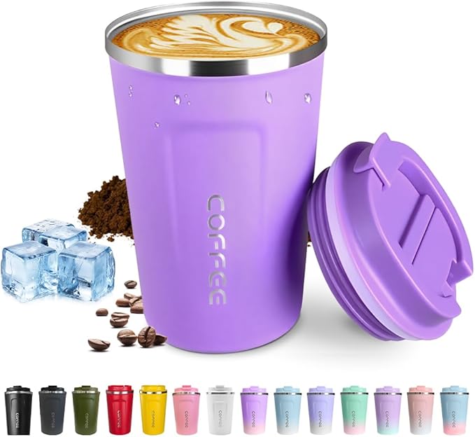 SPLMIFA Travel coffee mugs leak-proof, reusable coffee cup with lid, stainless steel vacuum insulated coffee tumblers, thermal insulation cups for men & women keep drinks hot & cold (2nd-Purple, 12OZ)