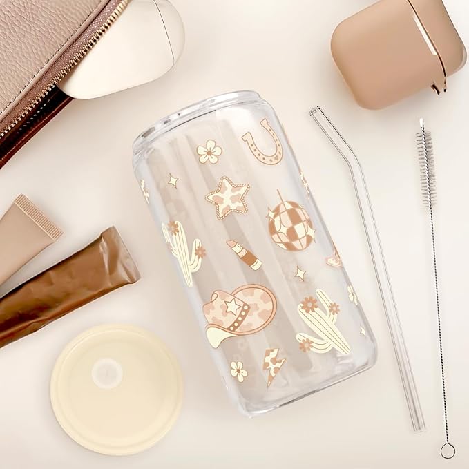 SANDJEST Western Cowgirl 16oz Can Glass Tumbler with Acrylic Lid & Straw, Iced Coffee Cup for Women, Aesthetic Cups Gifts for Birthday Christmas