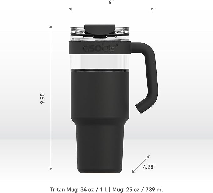 asobu Extra Large Travel Explorer Tumbler for Hot and Cold with Stainless Steel Removable Coffee Mug Sleeve - Straw and Flip Open Sip Spout, 34 oz / 25 oz (Black)